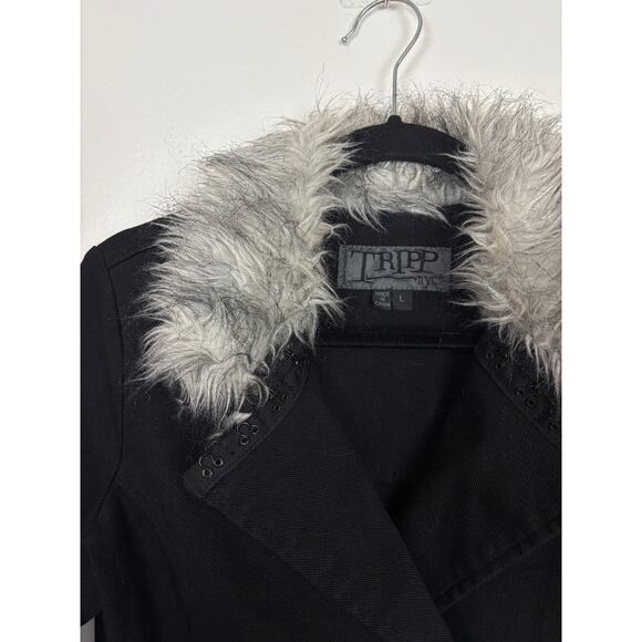 TRIPP NYC Y2K Steampunk Gothic Core Hook Front Faux Fur Black Denim Jacket Large - Picture 5 of 7